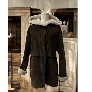 Marvin Richards Brown Rustic Luxe Shearling Suede Hooded Penny Lane Coat Size M